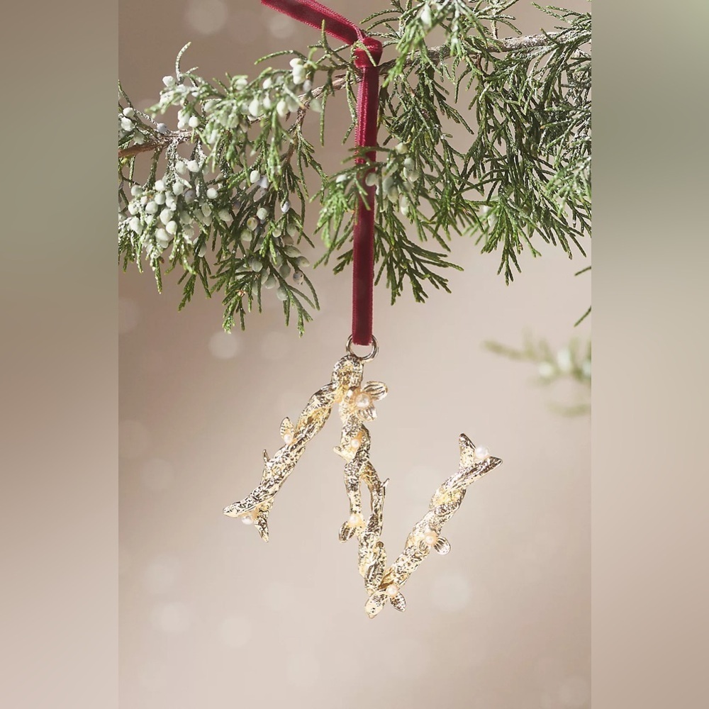 Anthropologie Aurelia Gold Pearl Monogram Letter “N” Initial Ornament NWT